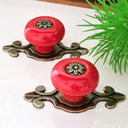 Puxador Porcelana Redondo Vermelho Base Metal - C1491