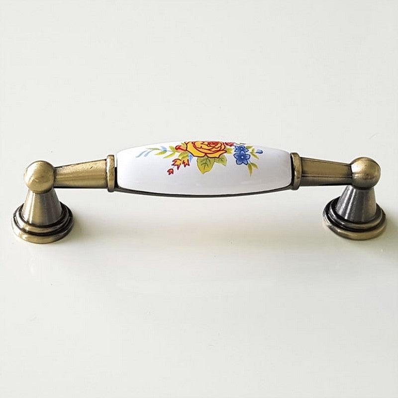 Puxador Metal Bronze Antigo e Porcelana Branca Floral 96mm - C1549
