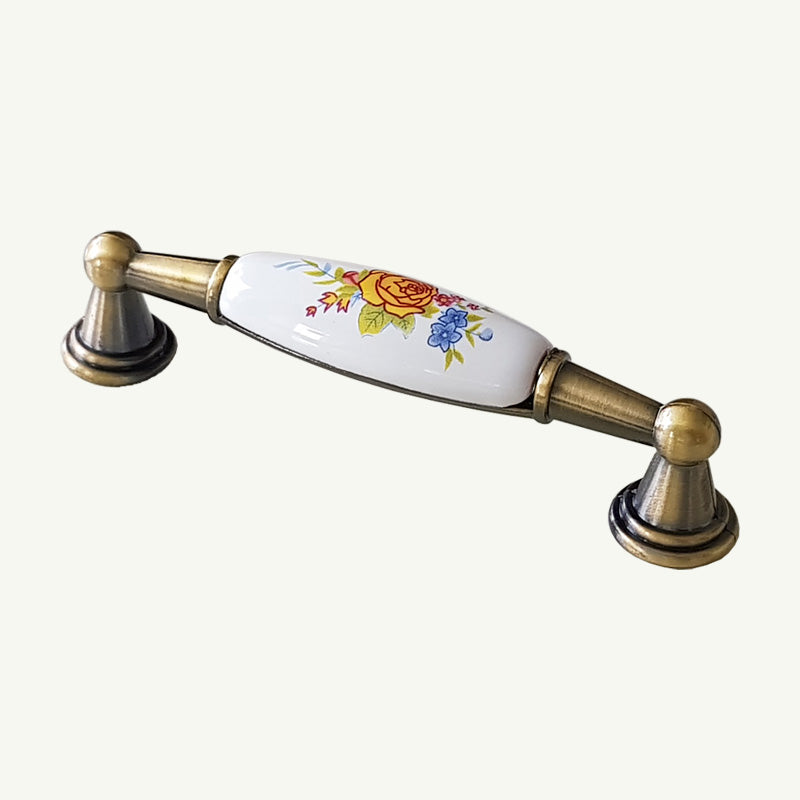 Puxador Metal Bronze Antigo e Porcelana Branca Floral 96mm - C1549
