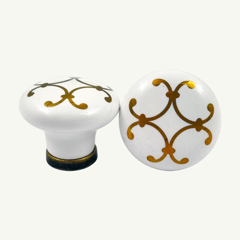 Puxador Porcelana Redondo Branco Padrão Dourado Anel Metal 32mm - C1554