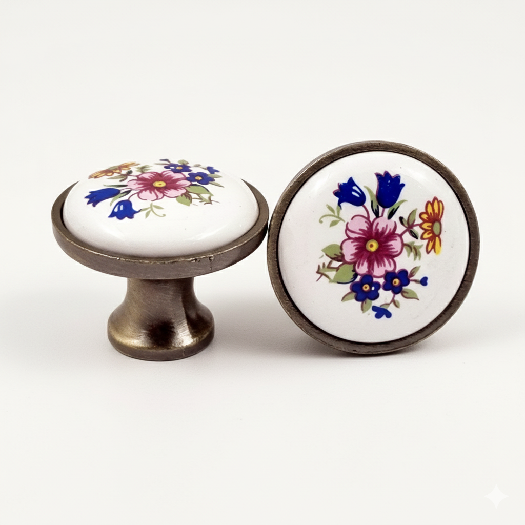 Puxador Porcelana Redondo Base Metal Branco e Floral 32mm - C1555