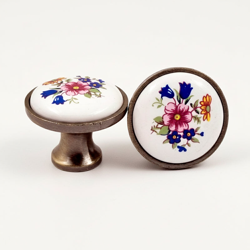 Puxador Porcelana Redondo Base Metal Branco e Floral 32mm - C1555
