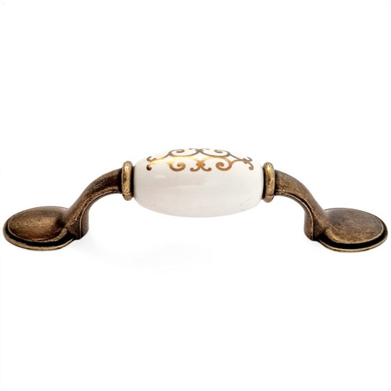 Puxador Metal e Porcelana Branca Padrão Dourado 125mm - C1556