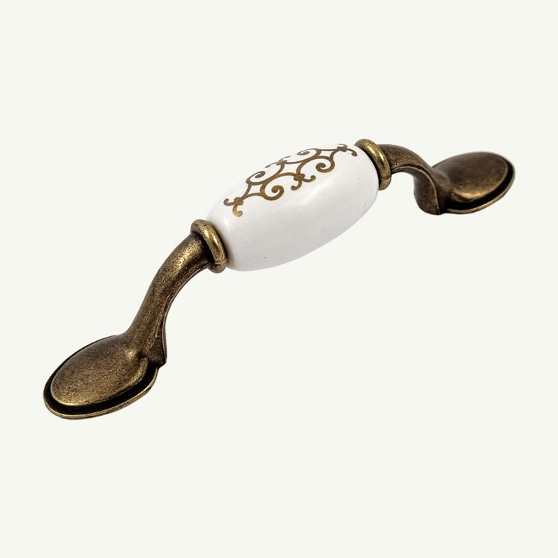Puxador Metal e Porcelana Branca Padrão Dourado 125mm - C1556