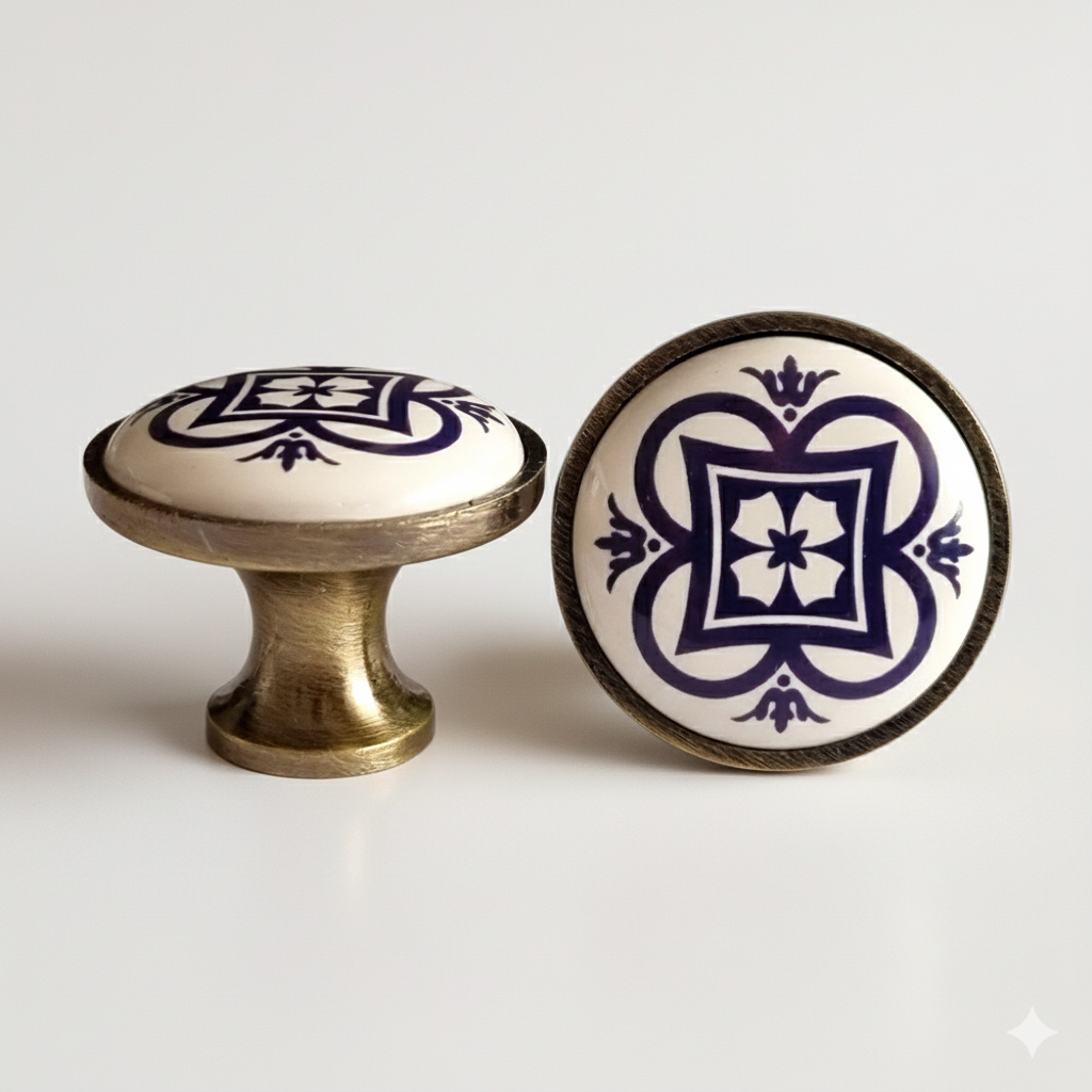 Puxador Porcelana Redondo Base Metal Branco Estampa Azul 32mm - C1561