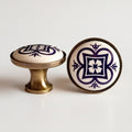 Puxador Porcelana Redondo Base Metal Branco Estampa Azul 32mm - C1561
