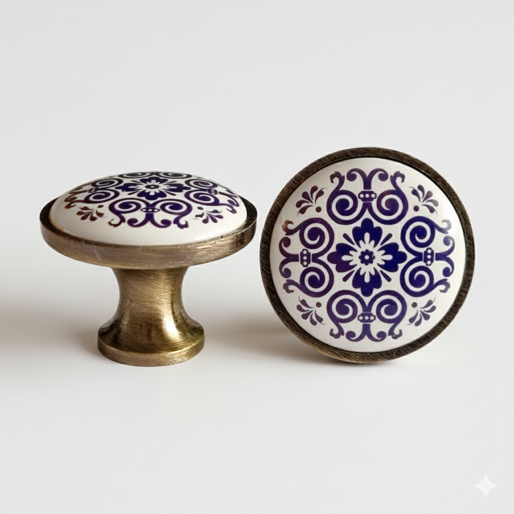 Puxador Porcelana Redondo Base Metal Branco Estampa Azul 32mm - C1562