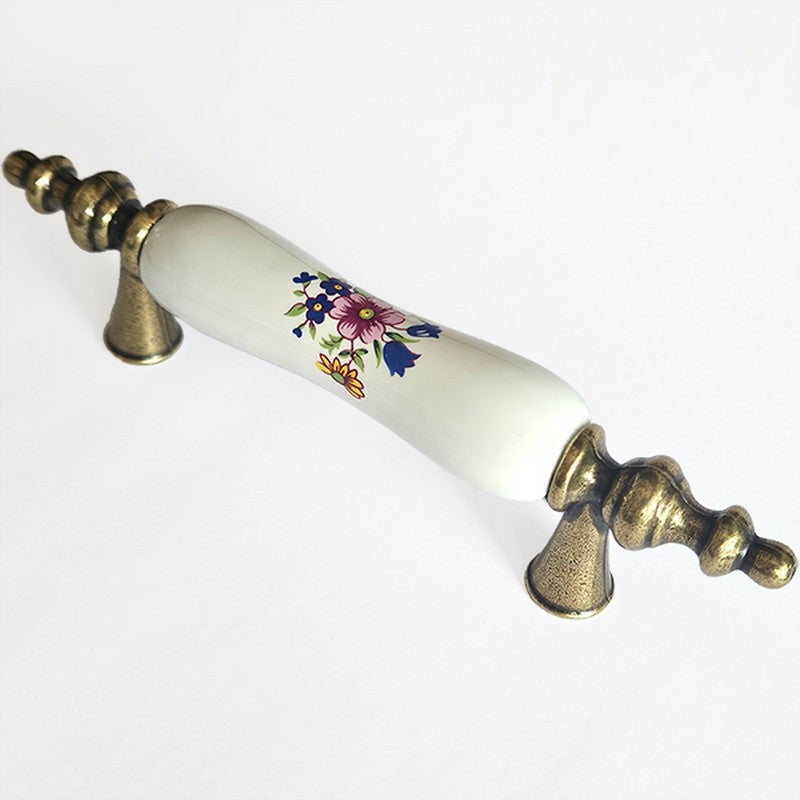 Puxador Metal e Porcelana Branca Floral 76mm - C1571