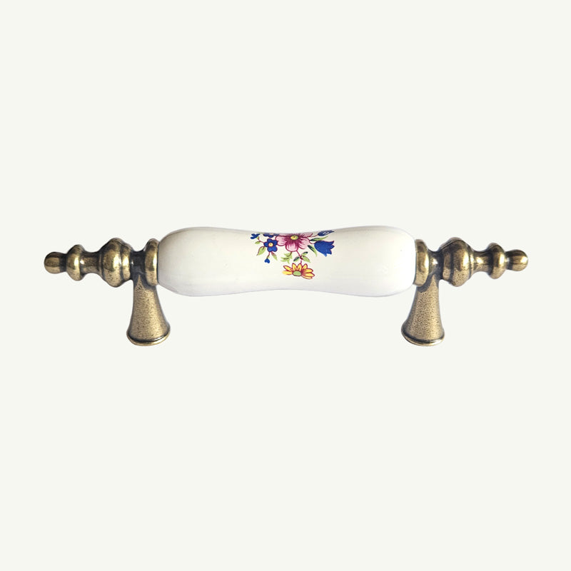 Puxador Metal e Porcelana Branca Floral 76mm - C1571