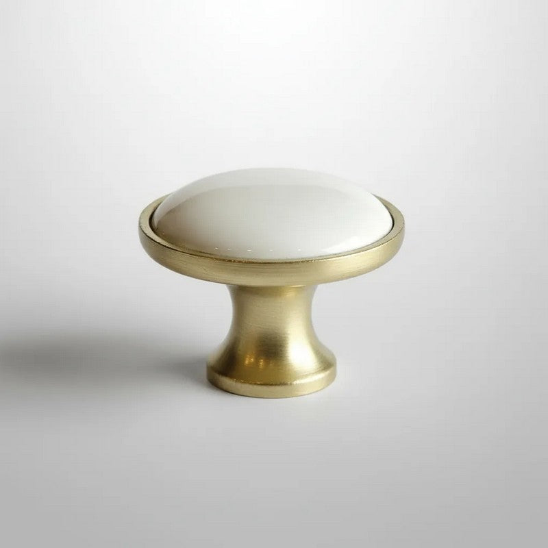 Puxador Porcelana Redondo Base Dourada Metal Branco 32mm - C1573