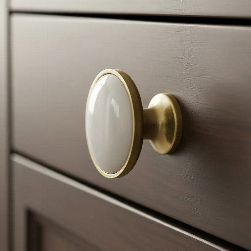 Puxador Porcelana Redondo Base Dourada Metal Branco 32mm - C1573