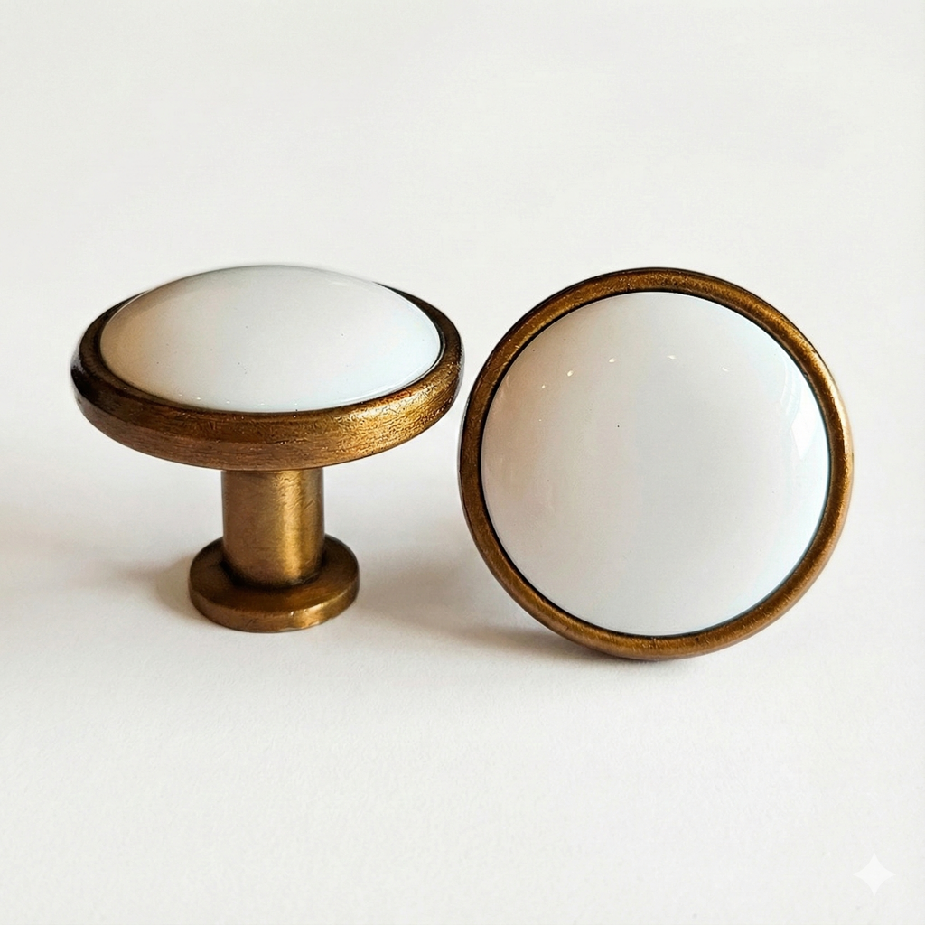 Puxador Porcelana Redondo Base Metal Branco 32mm - C1575