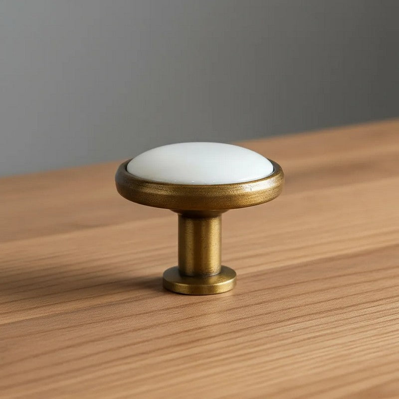 Puxador Porcelana Redondo Base Metal Branco 32mm - C1575