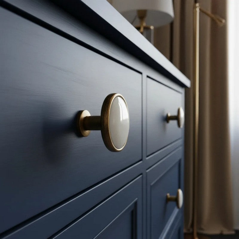 Puxador Porcelana Redondo Base Metal Branco 32mm - C1575