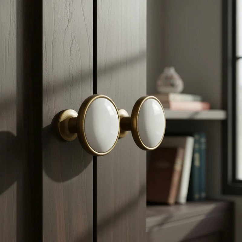 Puxador Porcelana Redondo Base Metal Branco 32mm - C1575