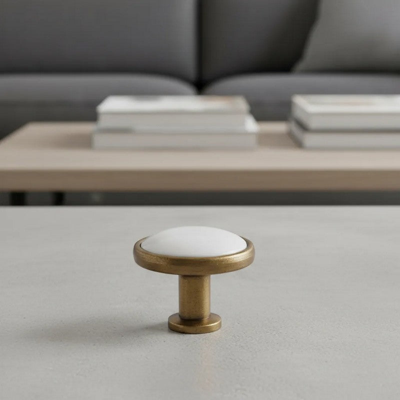 Puxador Porcelana Redondo Base Metal Branco 32mm - C1575