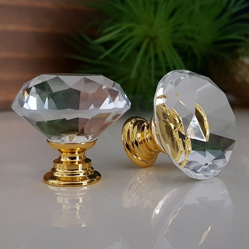Puxador Cristal Diamante 30mm Base Dourada - C2102