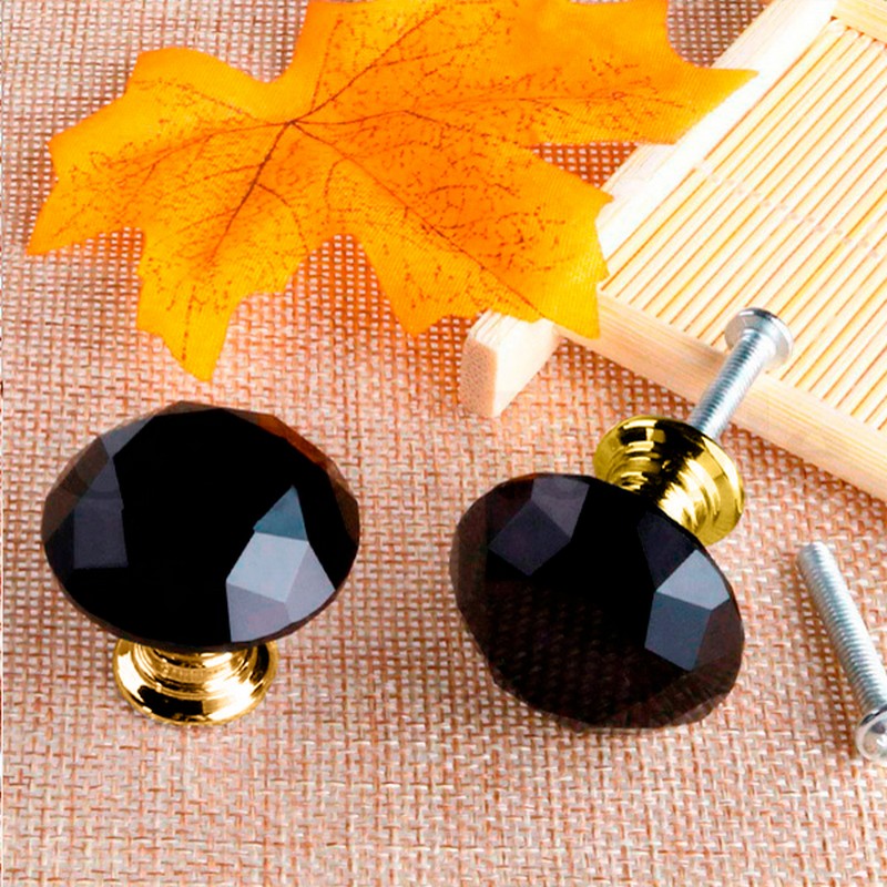 Puxador Cristal Diamante 30mm Preto Base Dourada - C2143