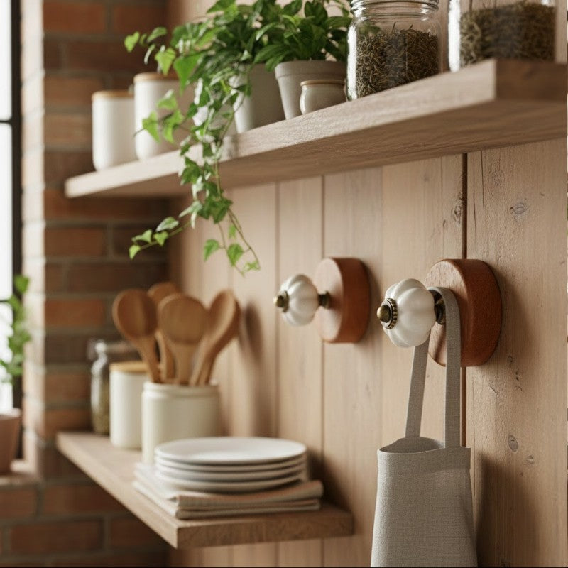 Gancho Parede Base Madeira e Porcelana Branco - C4081