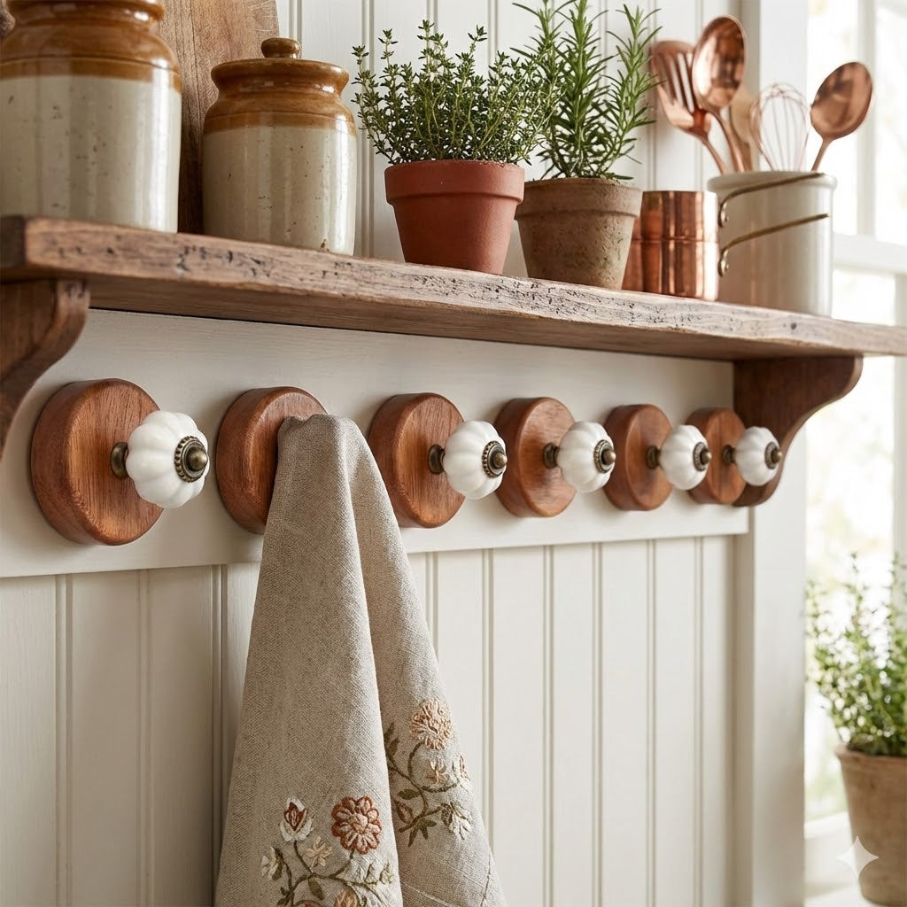 Gancho Parede Base Madeira e Porcelana Branco - C4081