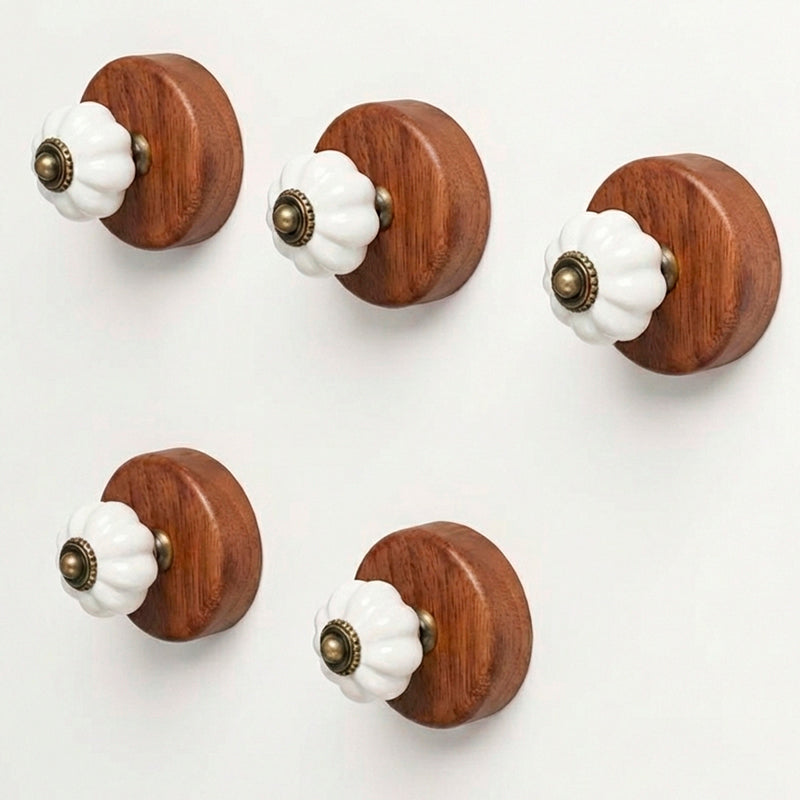 Gancho Parede Base Madeira e Porcelana Branco - C4081