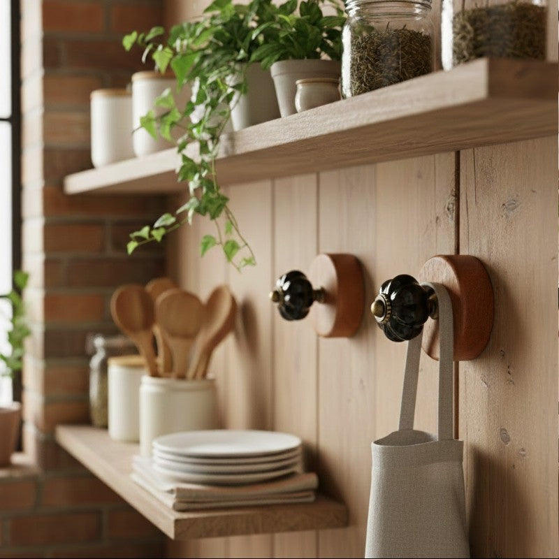 Gancho Parede Base Madeira e Porcelana Preto - C4082