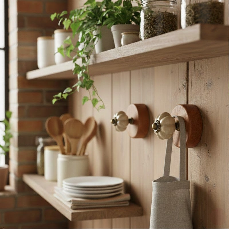 Gancho Parede Base Madeira e Porcelana Areia - C4083