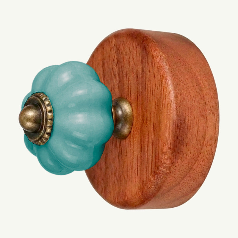 Gancho Parede Base Madeira e Porcelana Azul Claro - C4085