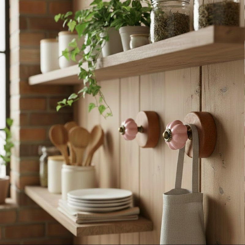 Gancho Parede Base Madeira e Porcelana Rosa - C4086