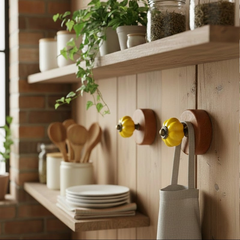 Gancho Parede Base Madeira e Porcelana Amarelo - C4089