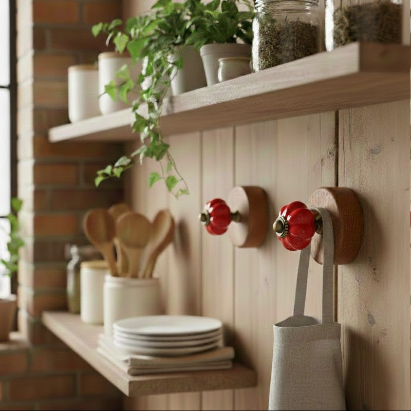 Gancho Parede Base Madeira e Porcelana Vermelho - C4090