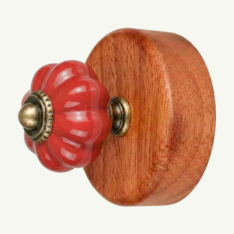 Gancho Parede Base Madeira e Porcelana Vermelho - C4090