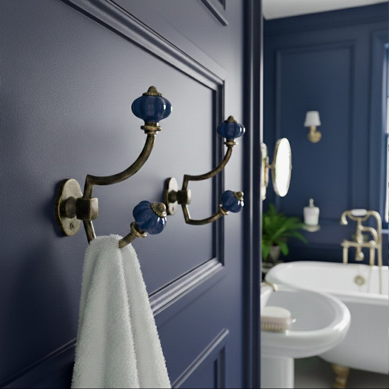 Gancho Parede Duplo de Porcelana Azul Escuro - C4048