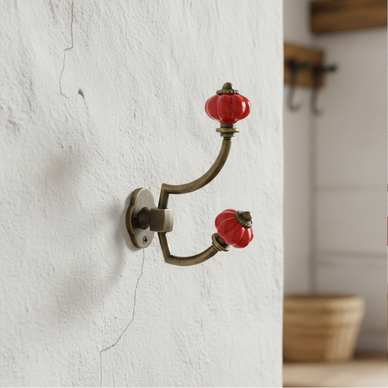 Gancho Parede Duplo de Porcelana Vermelho - C4050