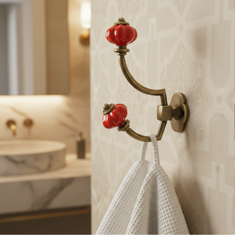 Gancho Parede Duplo de Porcelana Vermelho - C4050