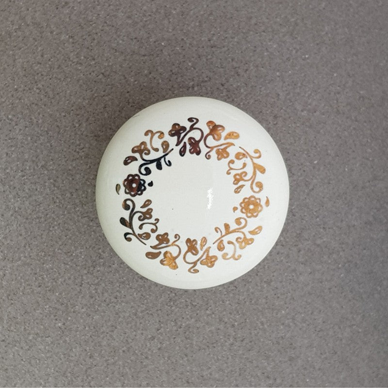 Puxador Porcelana Redondo Marfim Floral Anel Metal 32mm - C1305