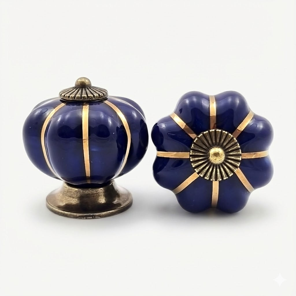 Puxador Porcelana Abóbora Azul Marinho e Base Bronze - C1020