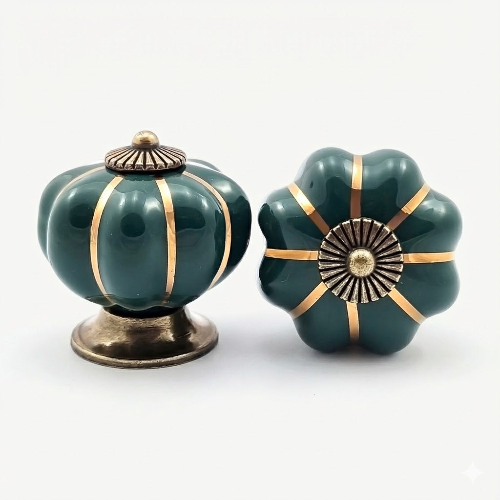 Puxador Porcelana Abóbora Verde Escuro e Base Bronze - C1021