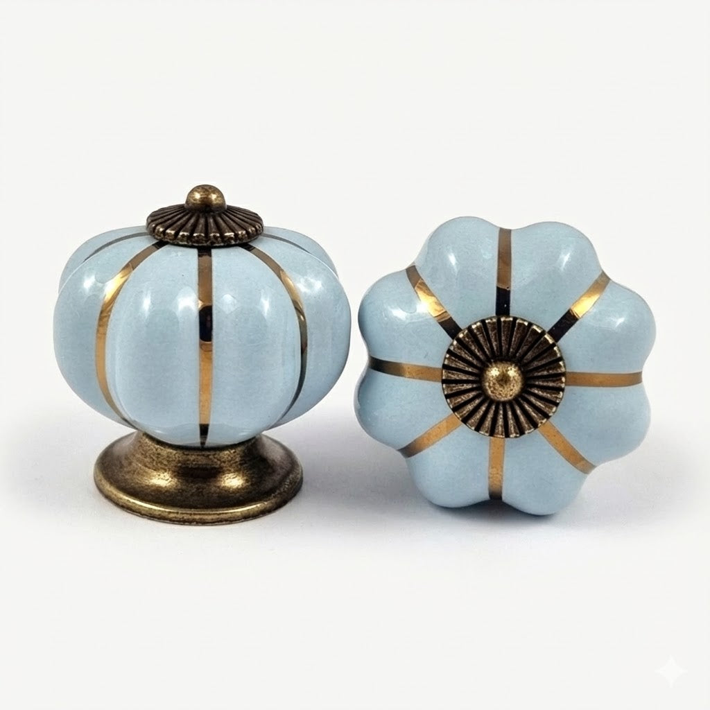 Puxador Porcelana Abóbora Azul Tiffany e Base Bronze - C1042