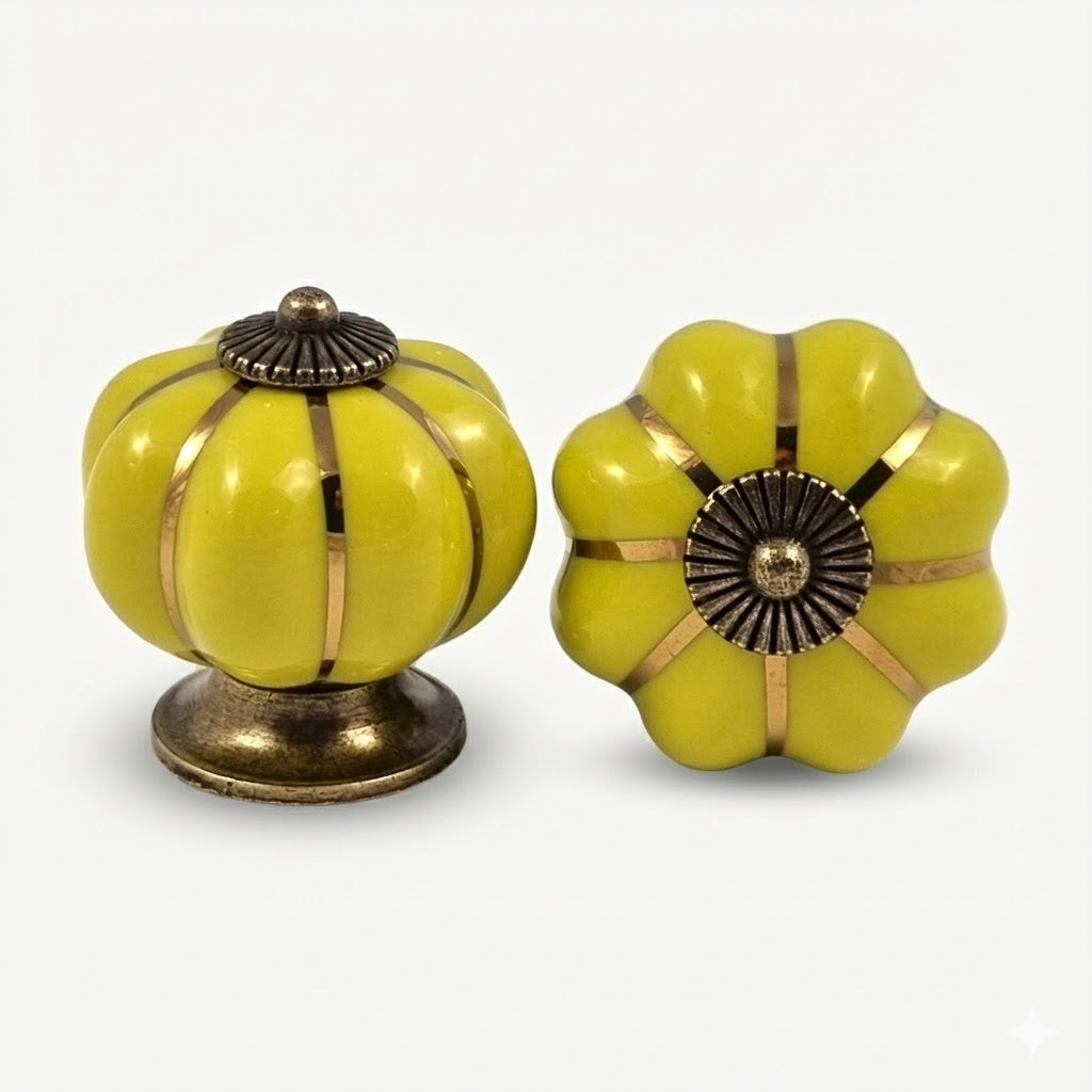 Puxador Porcelana Abóbora Verde Cítrico e Base Bronze - C1043