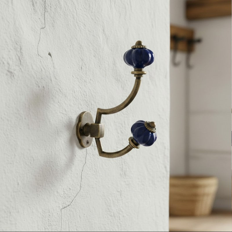 Gancho Parede Duplo de Porcelana Azul Escuro - C4048